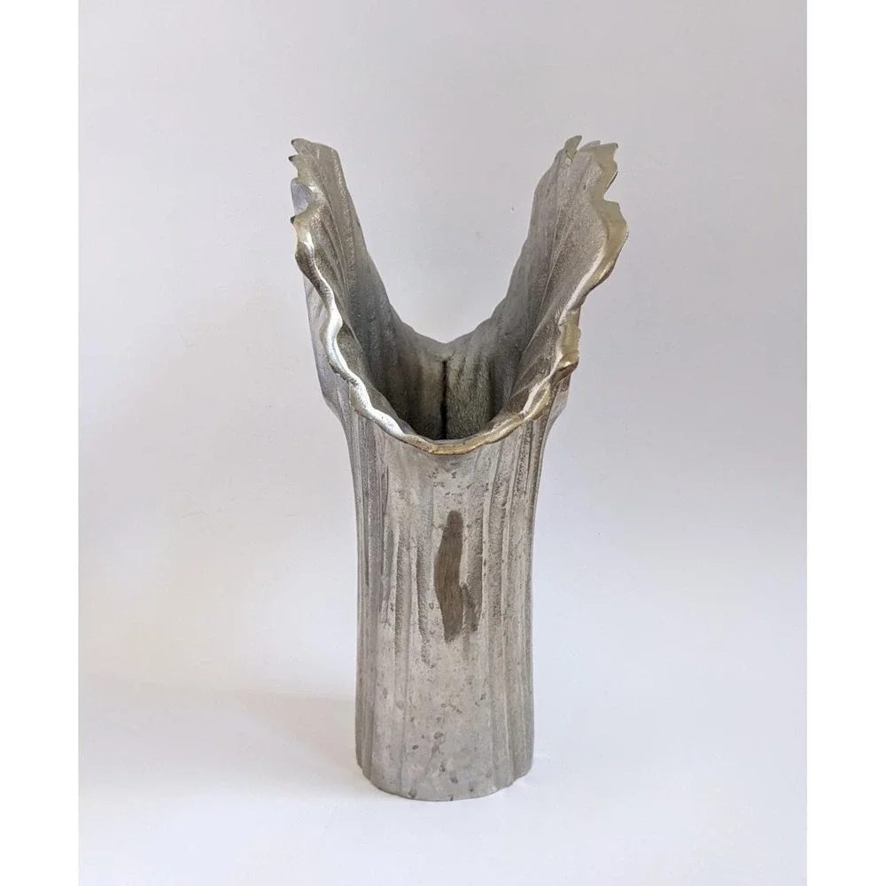 Postmodern Ginkgo Leaf Metal Vase Cast Aluminum? Sculptural Silver Decor 12.5